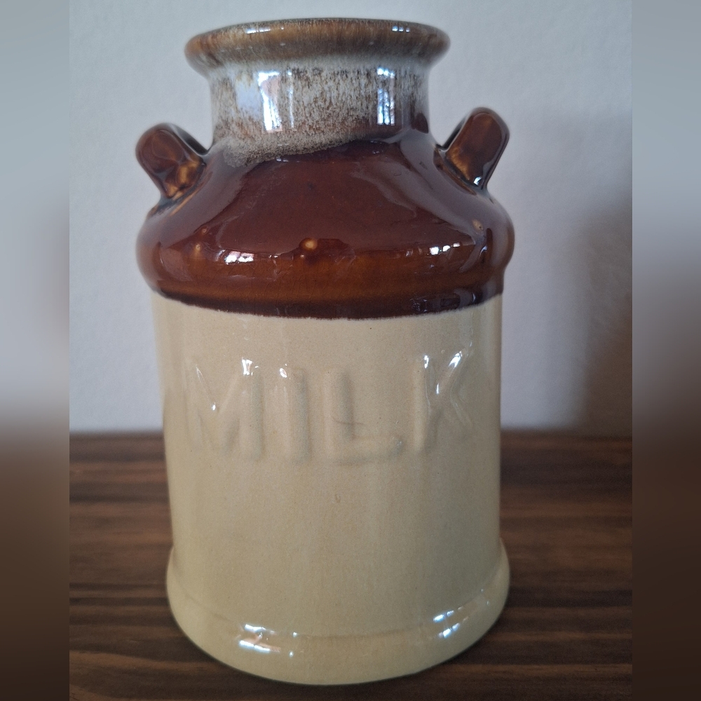 Vintage Ceramic Drip Glazed Milk Jug in Brown and Cream Rustic Eclectic